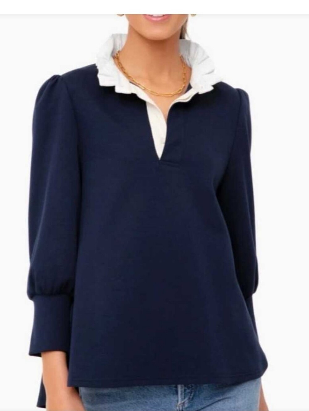 Tuckernuck Pomander Place Charlotte Terry Top M Navy White Ruffle Collar